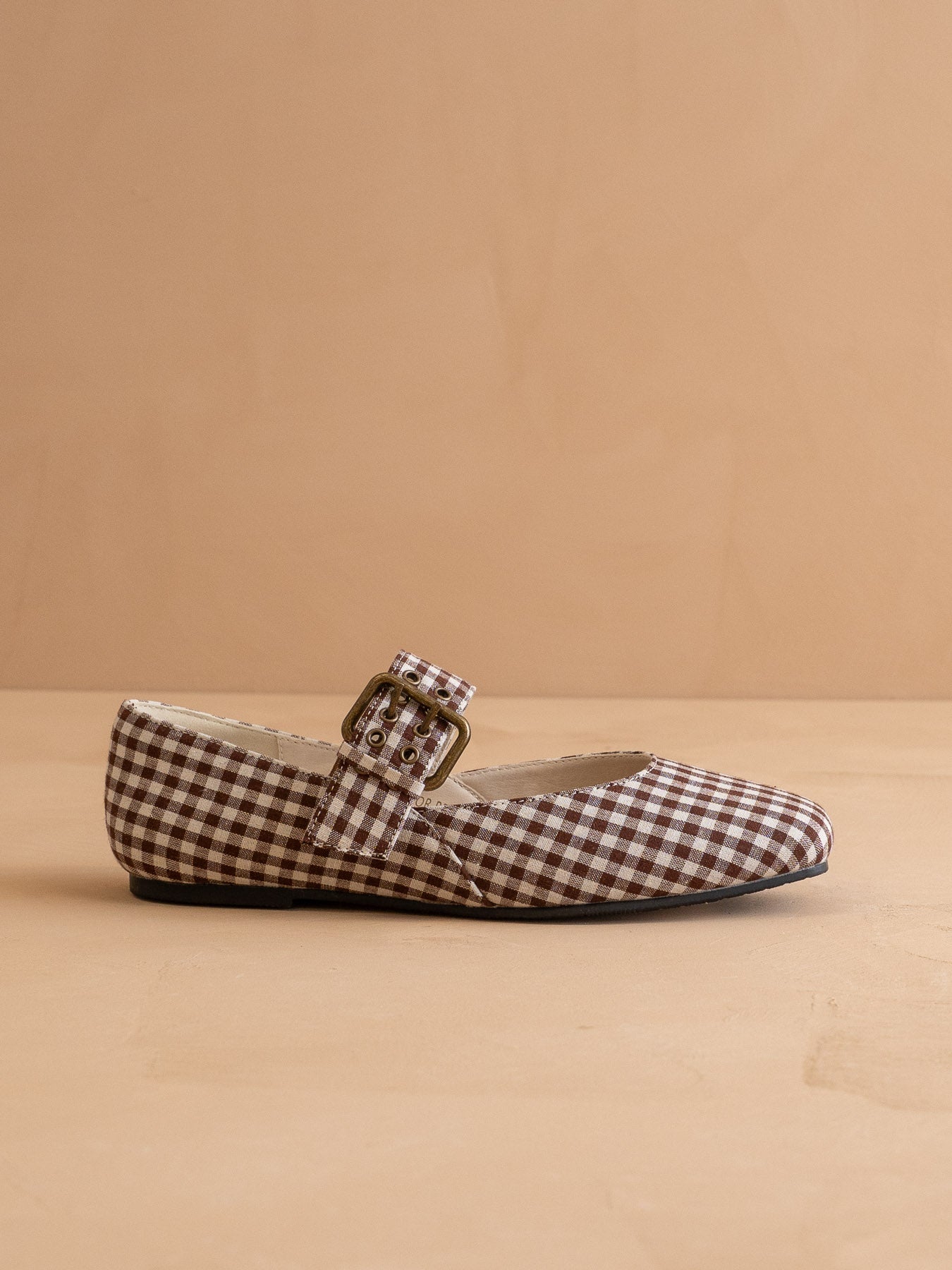 The Soho | Coffee Gingham Ballet Flat with Studded Buckle Strap