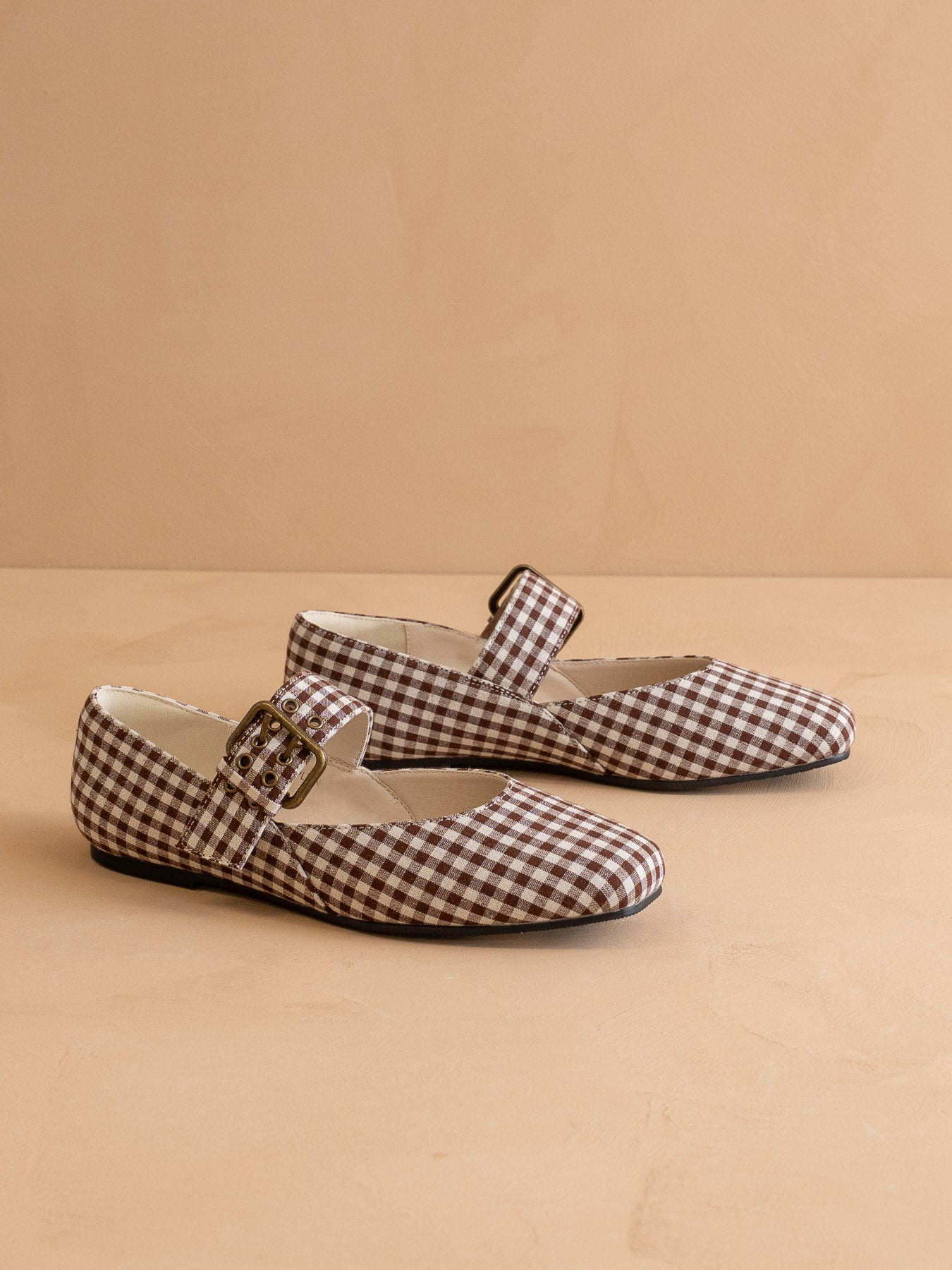 The Soho | Coffee Gingham Ballet Flat with Studded Buckle Strap
