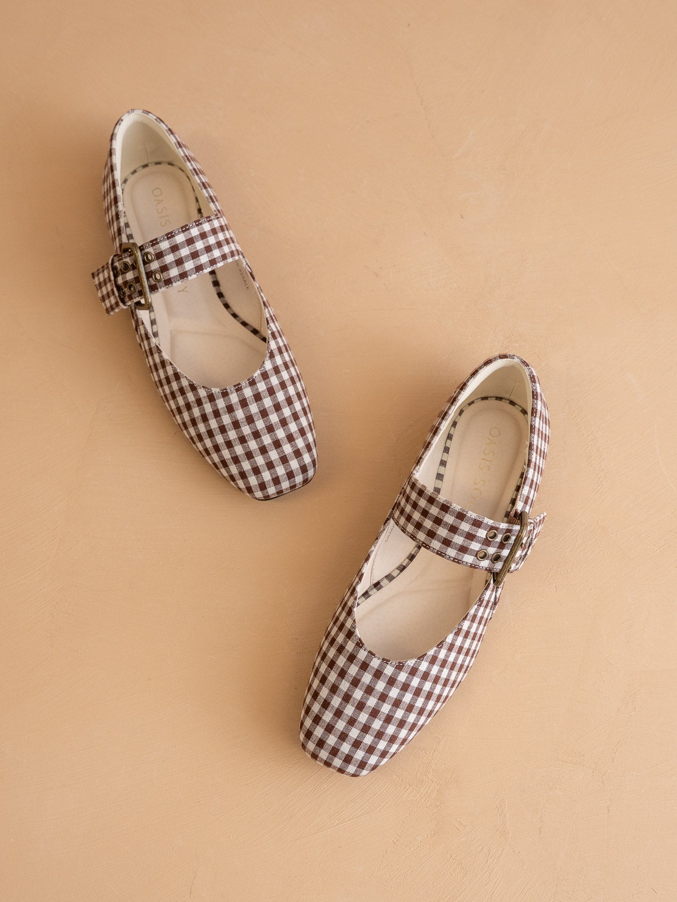 The Soho | Coffee Gingham Ballet Flat with Studded Buckle Strap