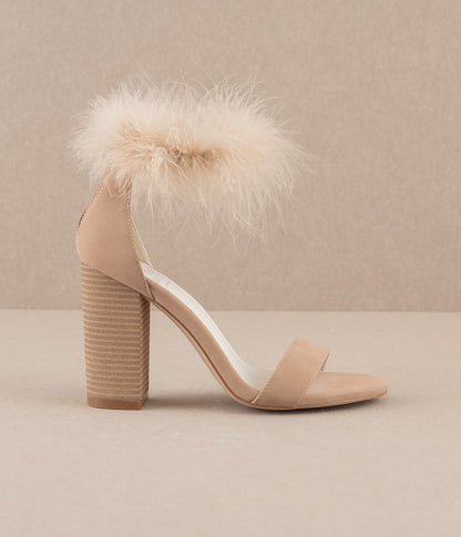 The Sasha | Nude Feathered ankle block heel