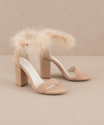 The Sasha | Nude Feathered ankle block heel