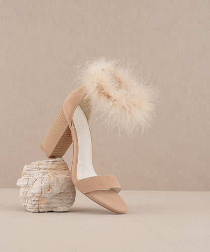 The Sasha | Nude Feathered ankle block heel