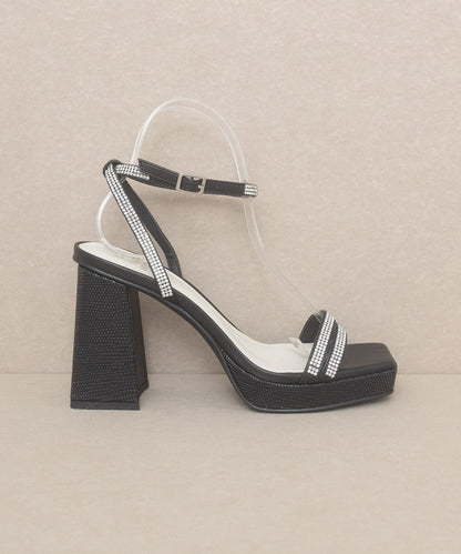 The Suva Black | Rhinestone and reptile print strappy heel