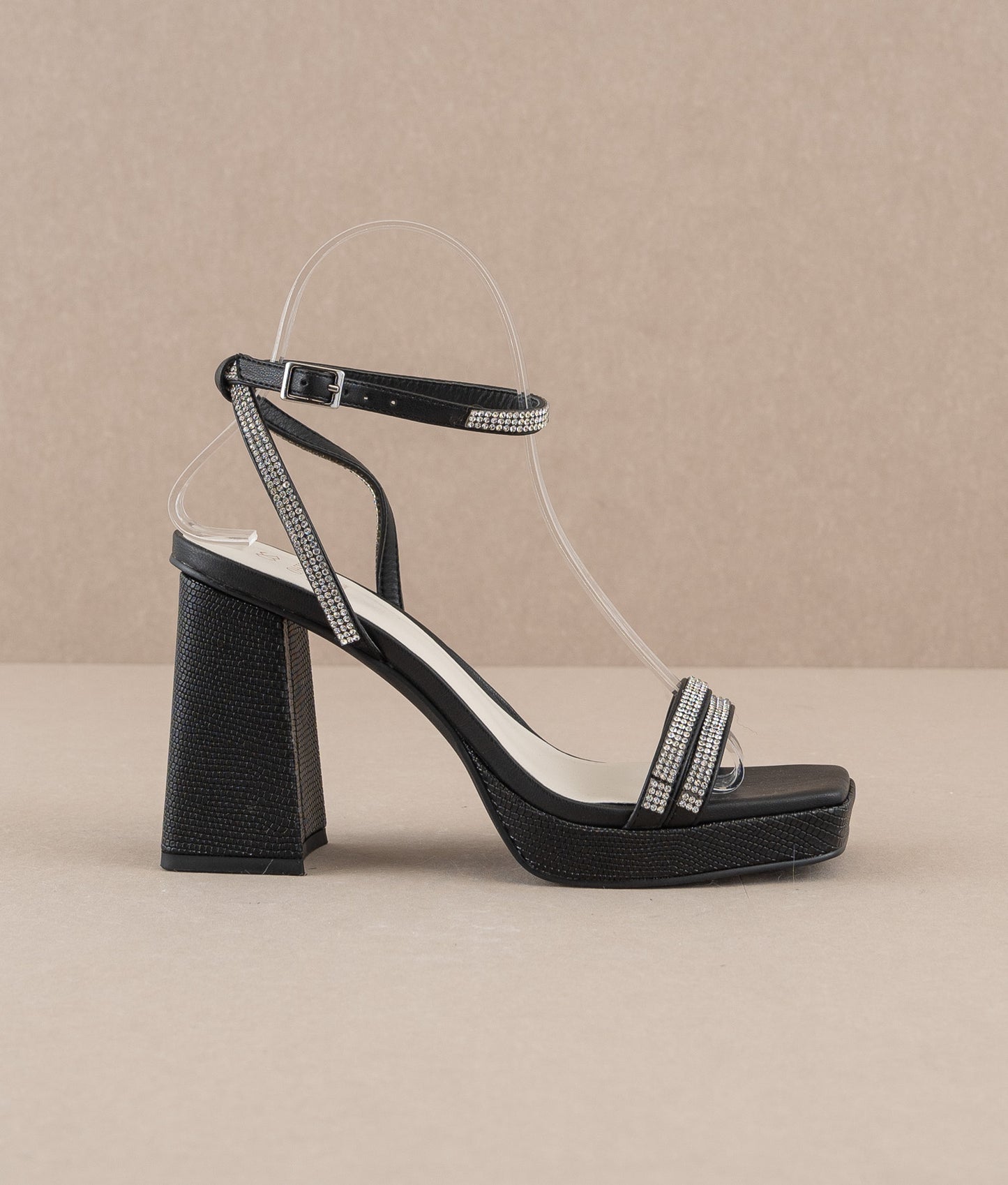 The Suva Black | Rhinestone and reptile print strappy heel