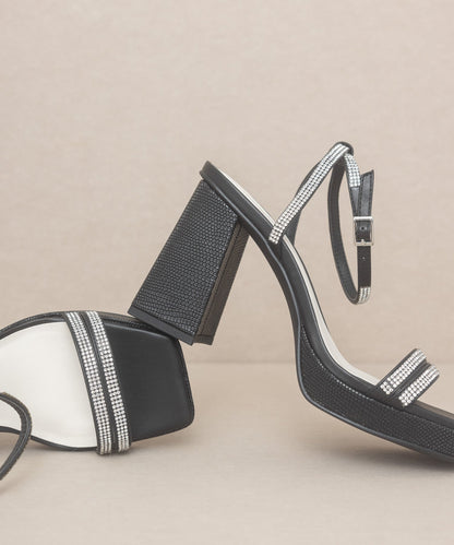 The Suva Black | Rhinestone and reptile print strappy heel