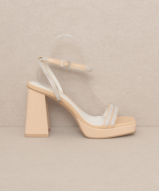 The Suva Nude | Rhinestone and reptile print strappy heel