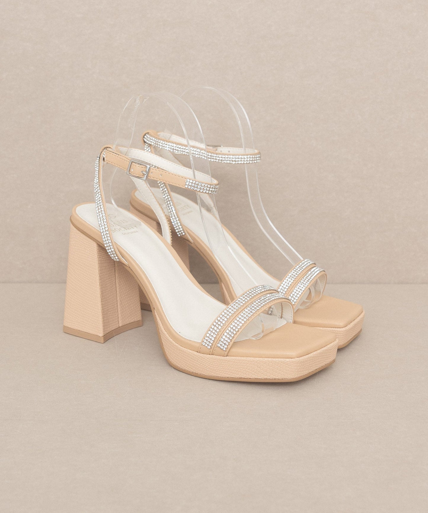 The Suva Nude | Rhinestone and reptile print strappy heel