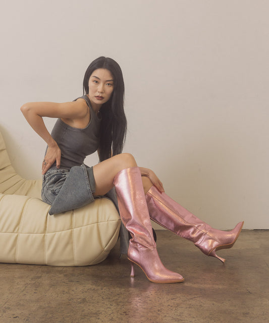 The Vanessa - Metallic Pink Alligator Print Knee High Boot