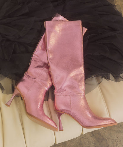 The Vanessa - Metallic Pink Alligator Print Knee High Boot
