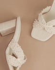 The Tiara | White Pearl Embroidered Raffia Block Heel