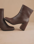 The Demi | Coffee Brown Woven Square Toe Block Heel Ankle Boot