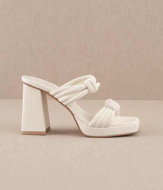 The Faith | White Knotted band platform snake-print heel